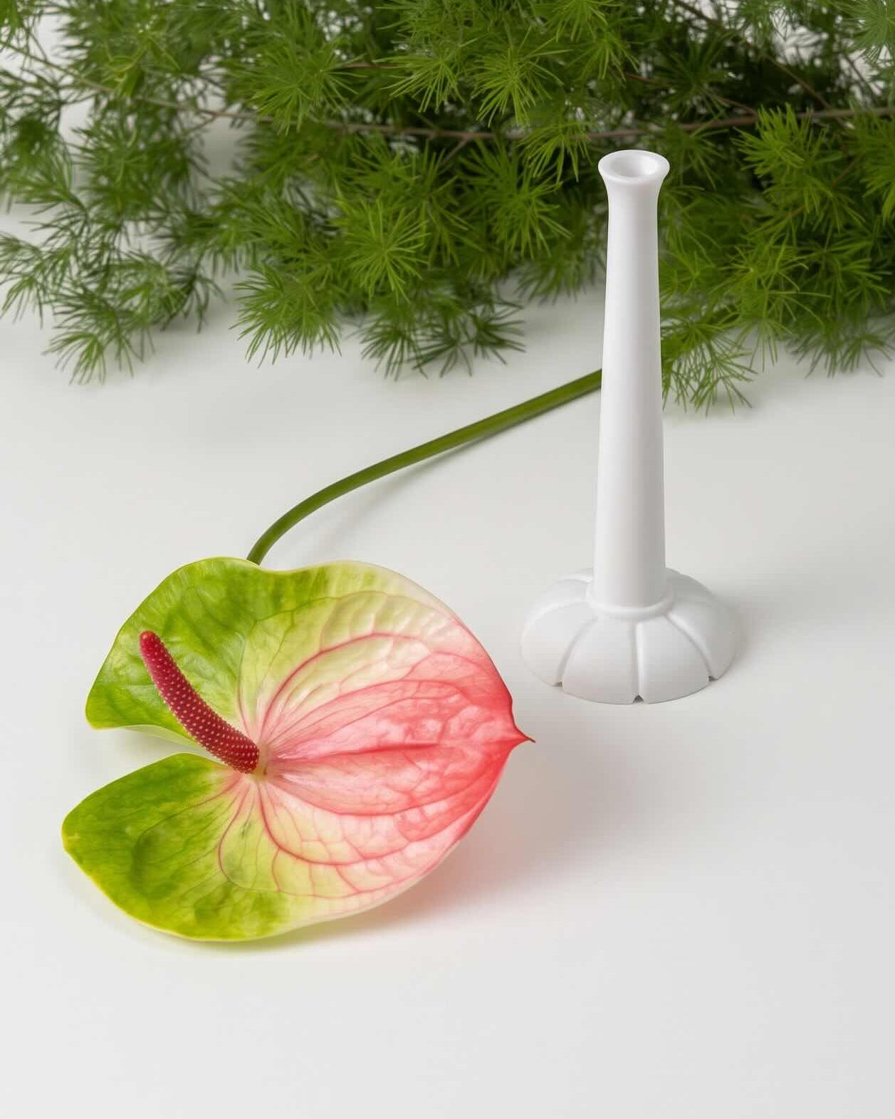 Miniflore No.2 unglazed porcelain minimalist vase, front view, with a flower placed next to it