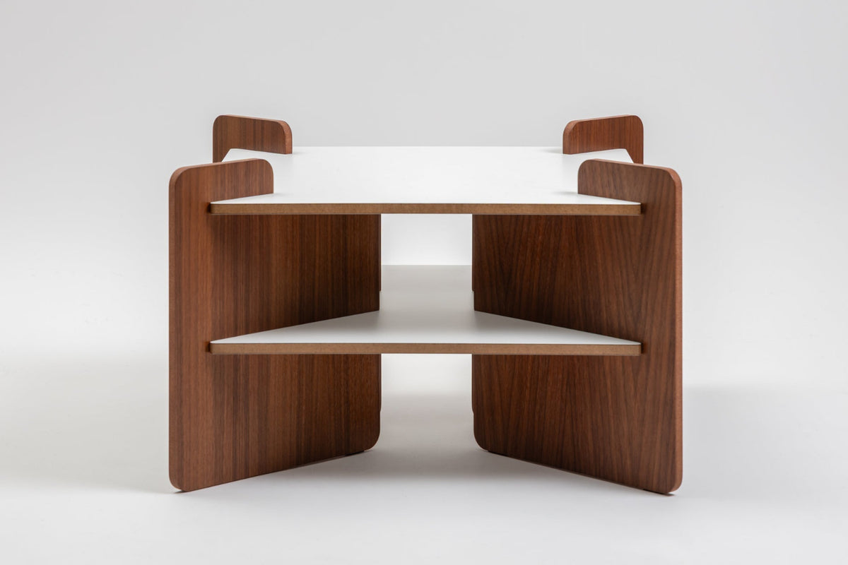 TU-TU side table with horizontal white laminate panels and vertical panels in varnished walnut veneer by Turenne Chevallereau (1968)