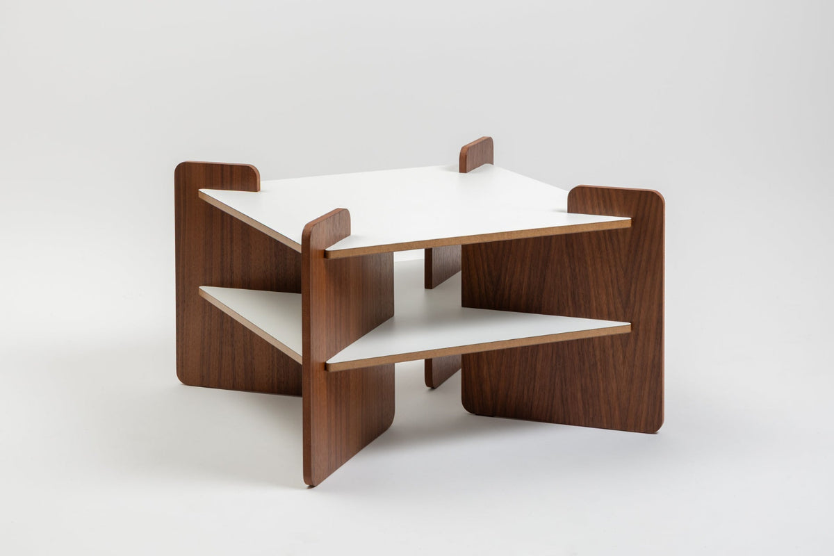 TU-TU side table by Turenne Chevallereau (1968), three-quarter view showing the two white laminate shelves slotted into the walnut veneer panels