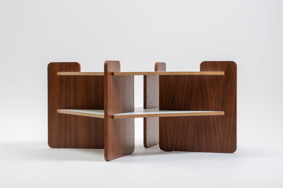 TU-TU side table with horizontal white laminate panels and vertical panels in varnished walnut veneer by Turenne Chevallereau (1968), side view