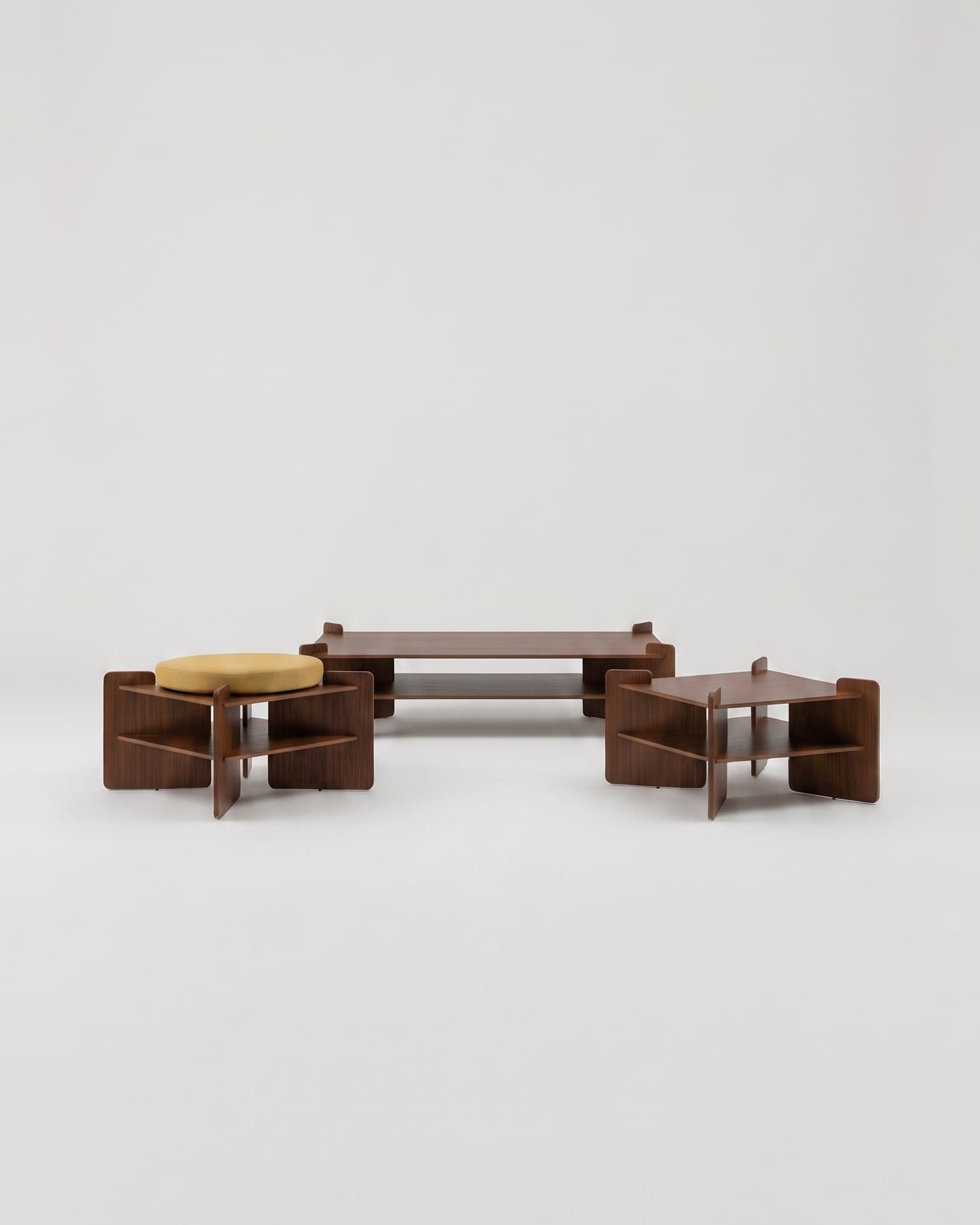 TU-TU collection set : side table, coffee table and pouf, walnut veneer