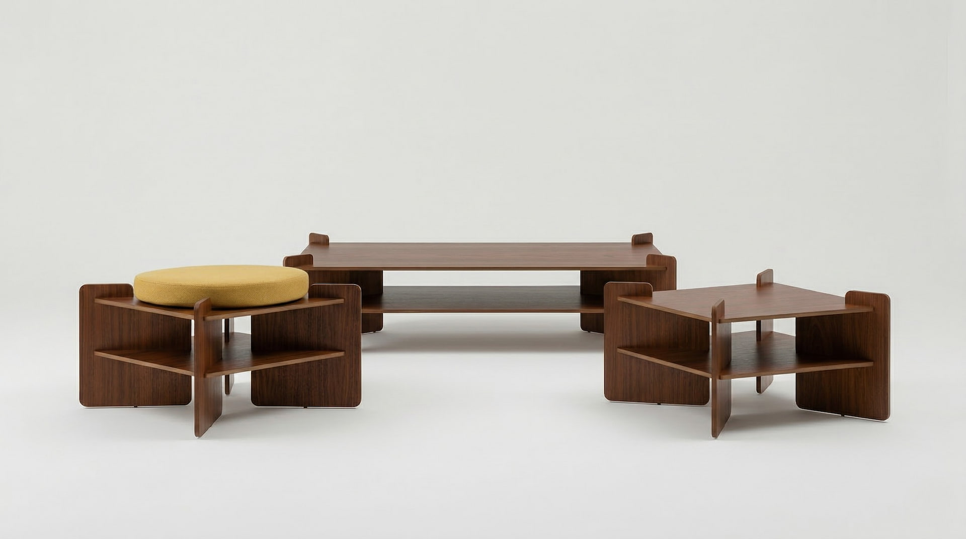 TU-TU collection set : side table, coffee table and pouf, walnut veneer