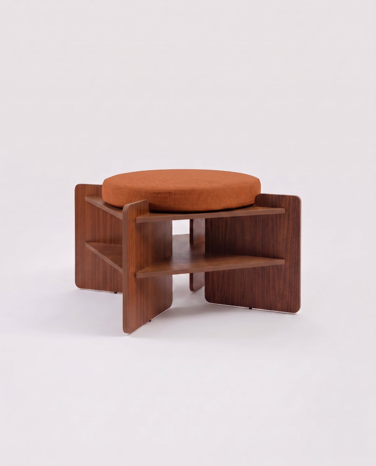 TU-TU side table, walnut veneer, topped with a terracotta seat cushion, to use as a pouf, front view