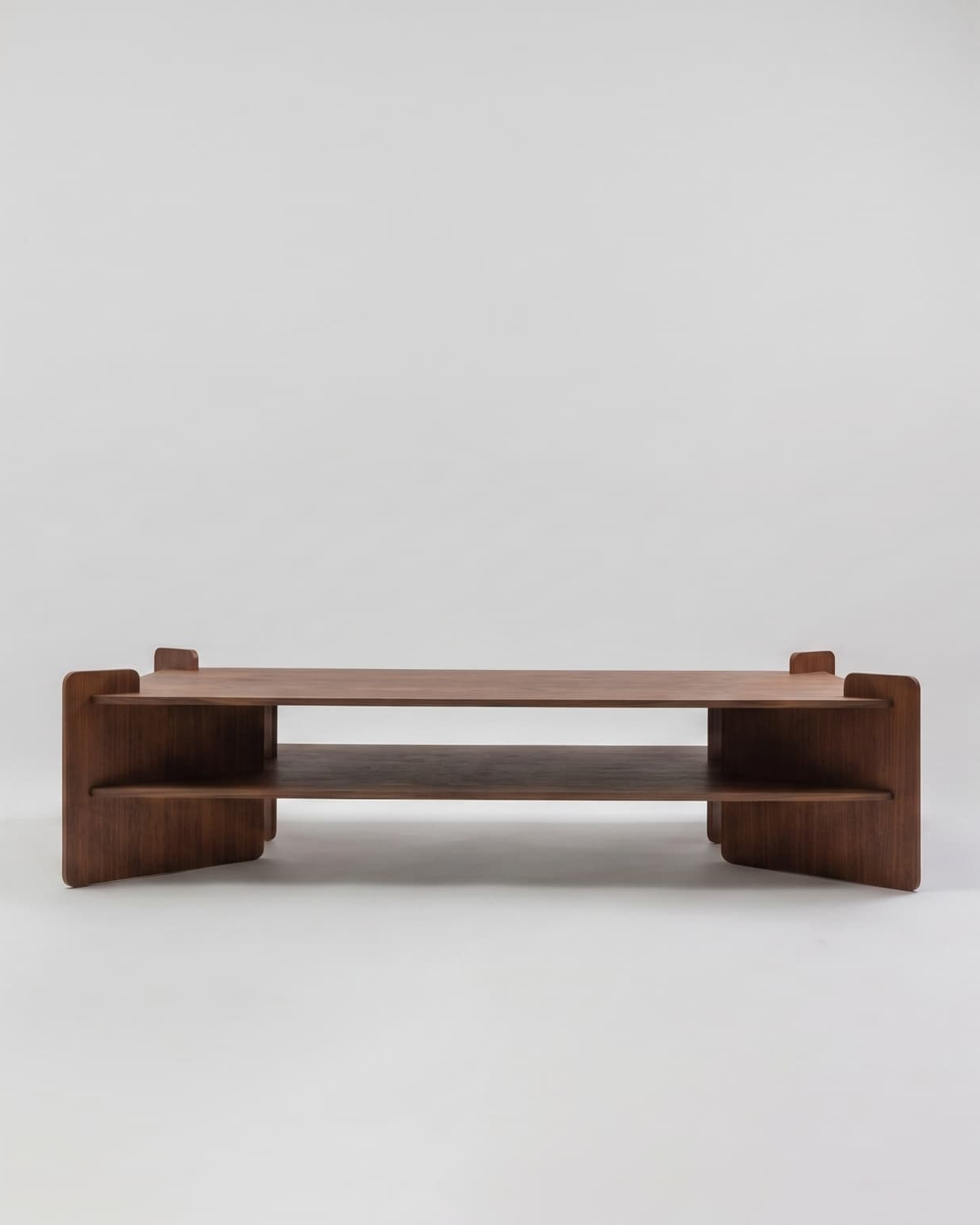 Full view of the TU-TU coffee table in walnut veneer 