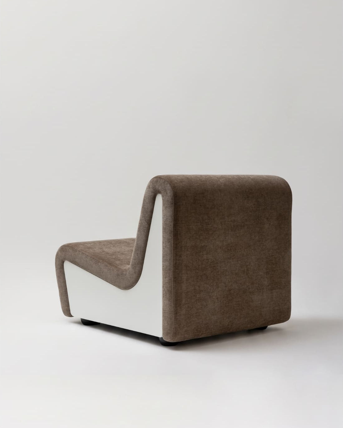 Dialogue lounge chair in Clay gray fabric and white lacquered wood side panels, rear view 