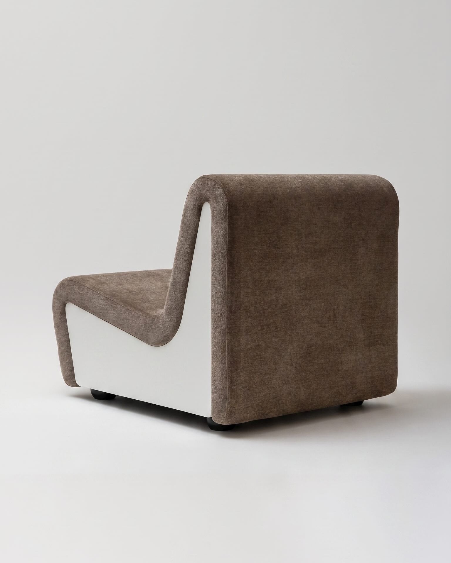 Dialogue lounge chair in Clay gray fabric and white lacquered wood side panels, rear view 