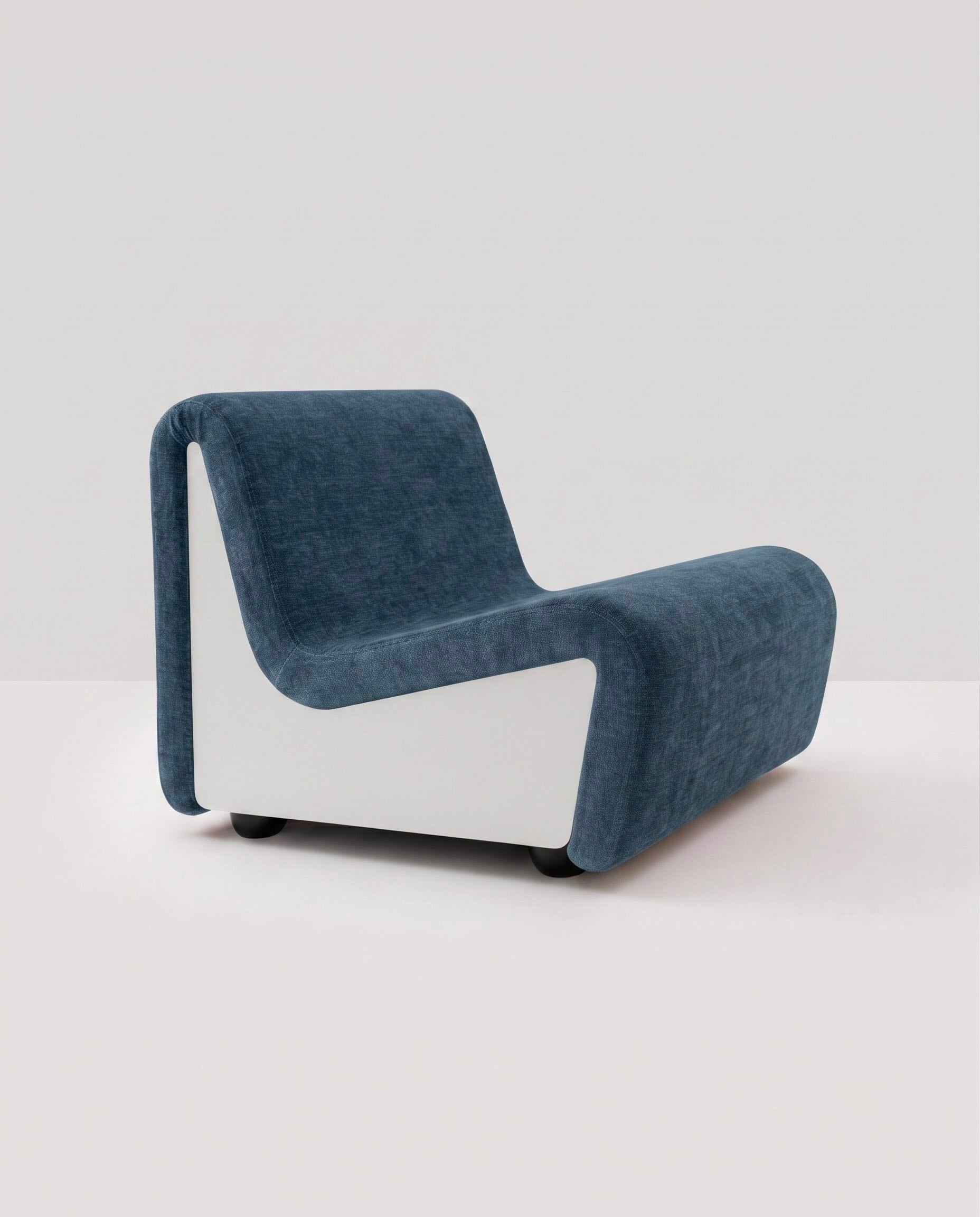 Dialogue lounge chair in Midnight blue fabric and white lacquered wood side panels