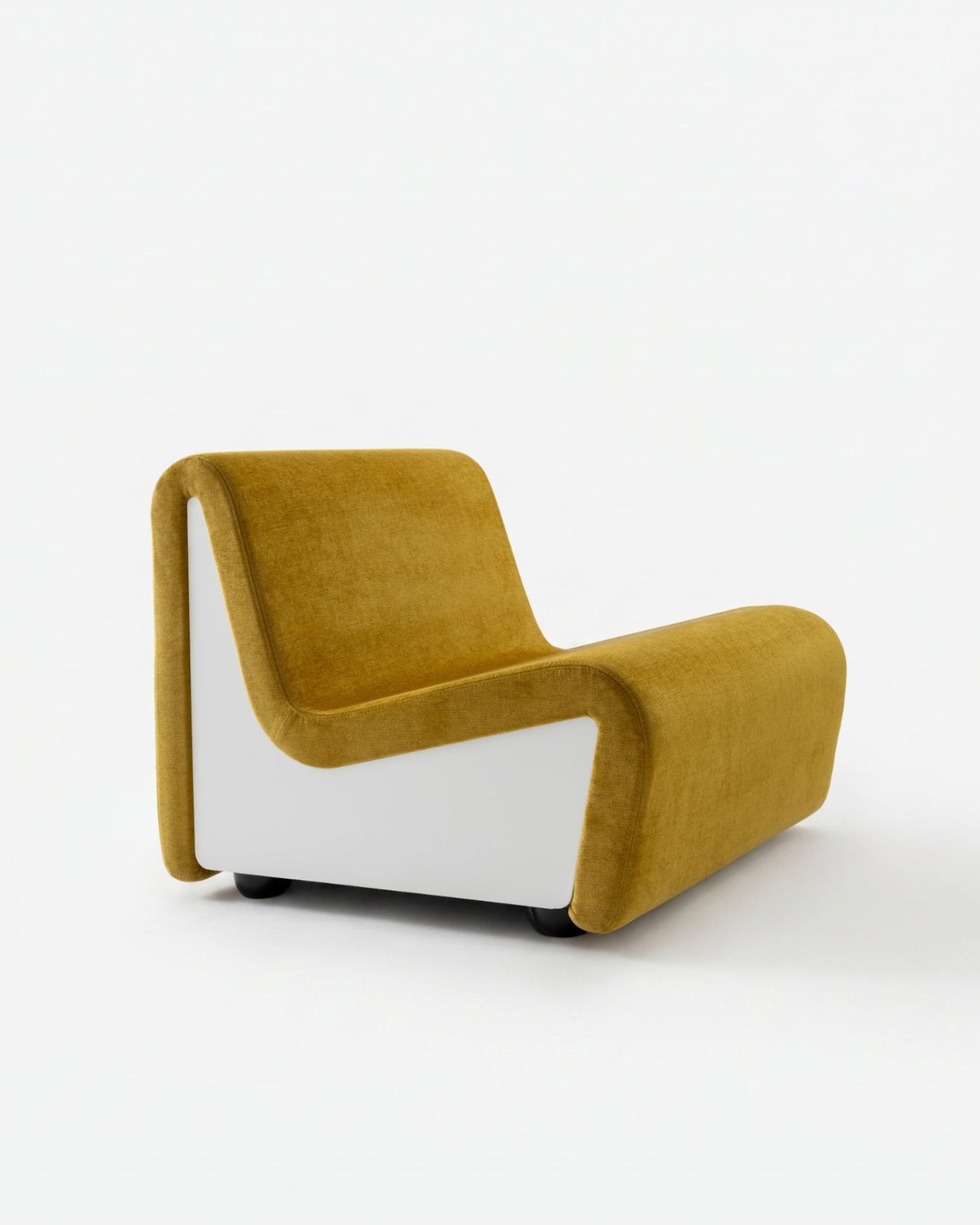 Dialogue lounge chair in Amber yellow fabric and white lacquered wood side panels