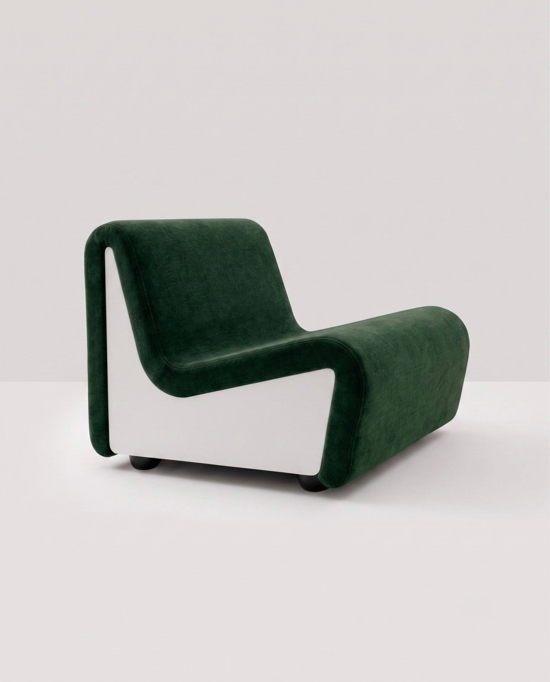 Dialogue lounge chair in Forest green fabric and white lacquered wood side panels