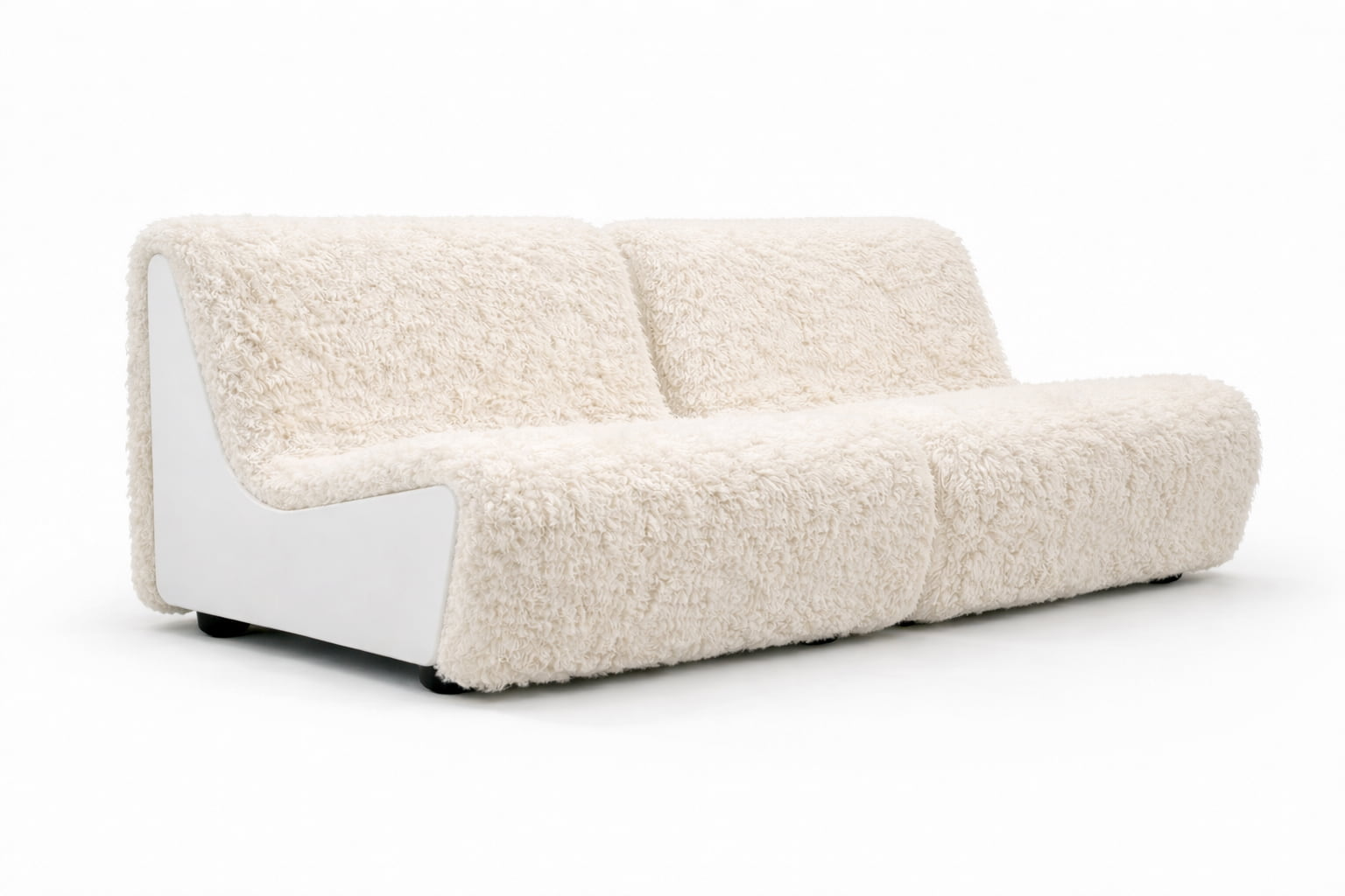 Pair of Dialogue lounge chairs in Cream faux fur and white lacquered wood side panels