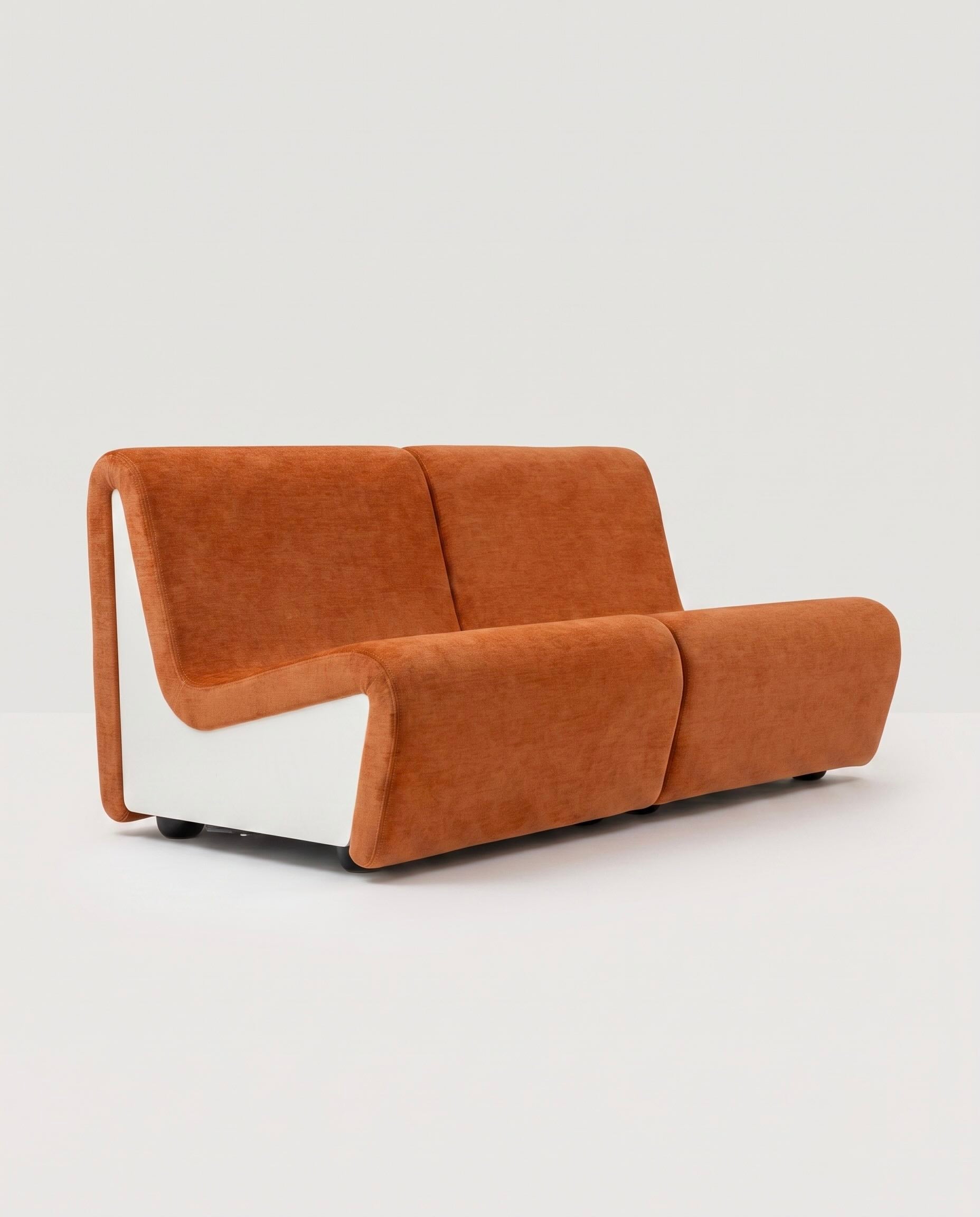 Dialogue 2-seat sofa in Sienna orange fabric and white lacquered wood side panels