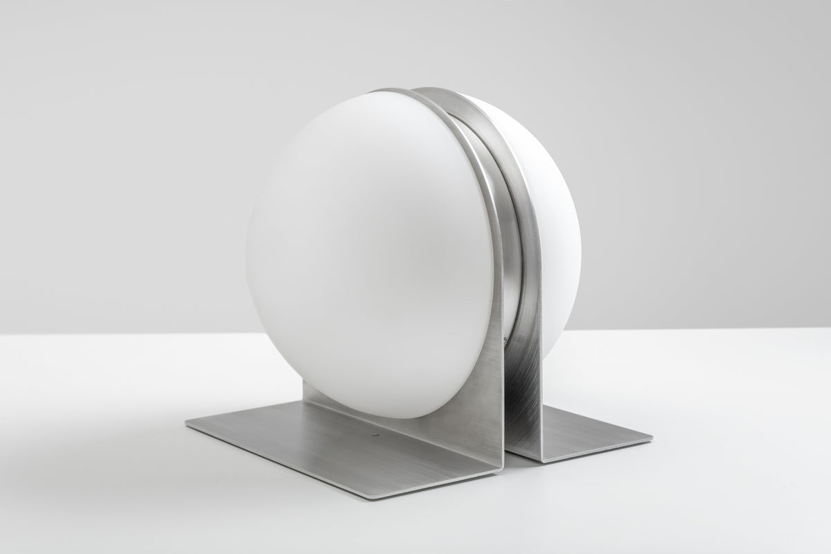 Brushed Aluminium Jumelles table lamp, slightly angled view, unlit