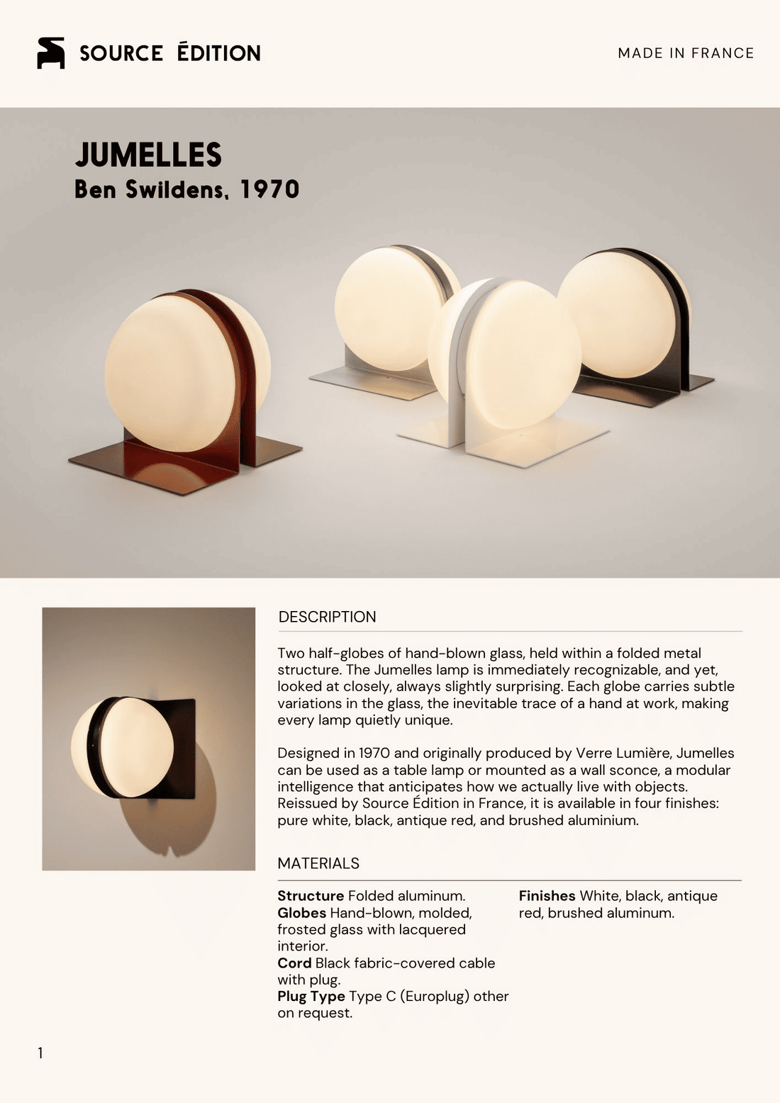Datasheet, description and material details of the Jumelles lamp by Ben Swildens, 1970