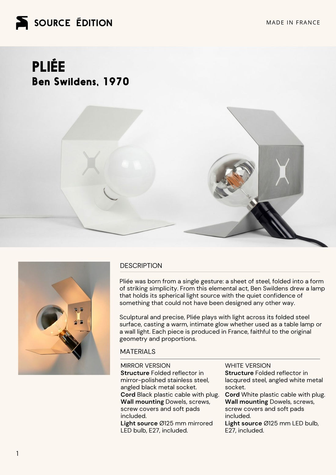 Datasheet, description and material details of the Pliée lamp by Ben Swildens, 1970