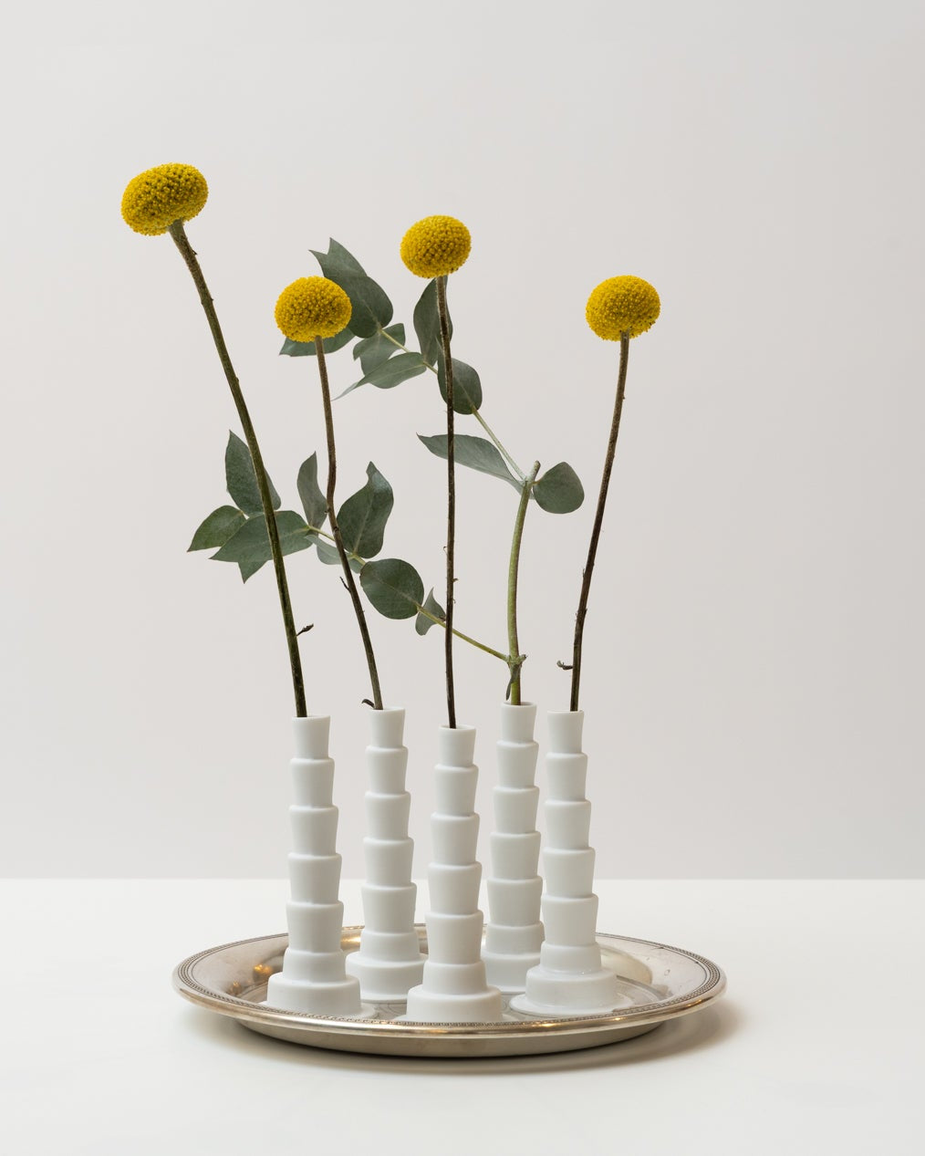 Set of 5 Miniflore No.1 unglazed porcelain minimalist vase with flowers, in a pretty plate 