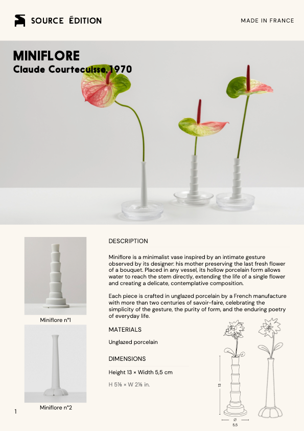 Datasheet, description and material details of the Miniflore minimalist vase by Claude Courtecuisse, 1970