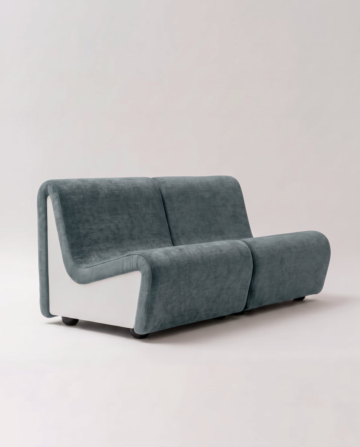 Dialogue 2 seat sofa in light blue fabric and white lacquered wood side panels