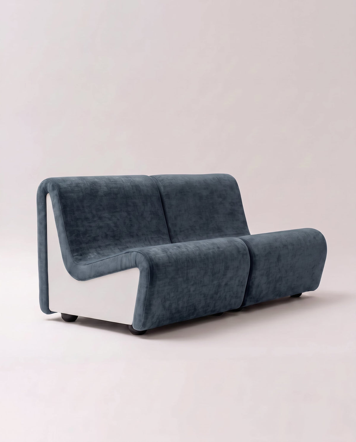 Dialogue 2 seat sofa in blue fabric and white lacquered wood side panels