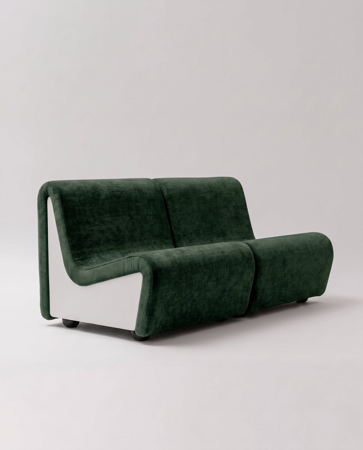 Dialogue 2 seat sofa in dark green fabric and white lacquered wood side panels