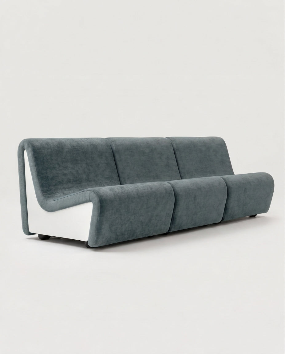 Dialogue 3-seat sofa in light blue fabric and white lacquered wood side panels