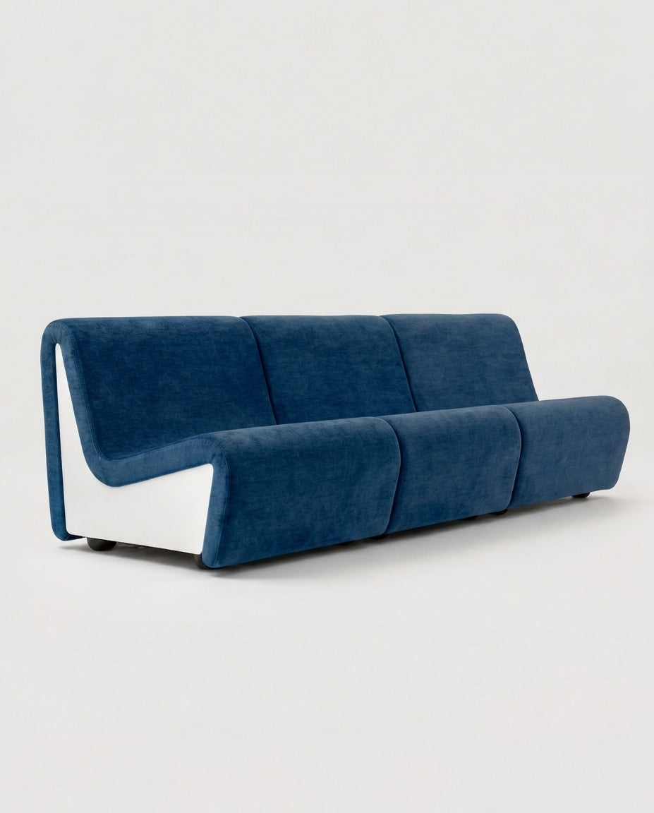 Dialogue 3-seat sofa in blue fabric and white lacquered wood side panels