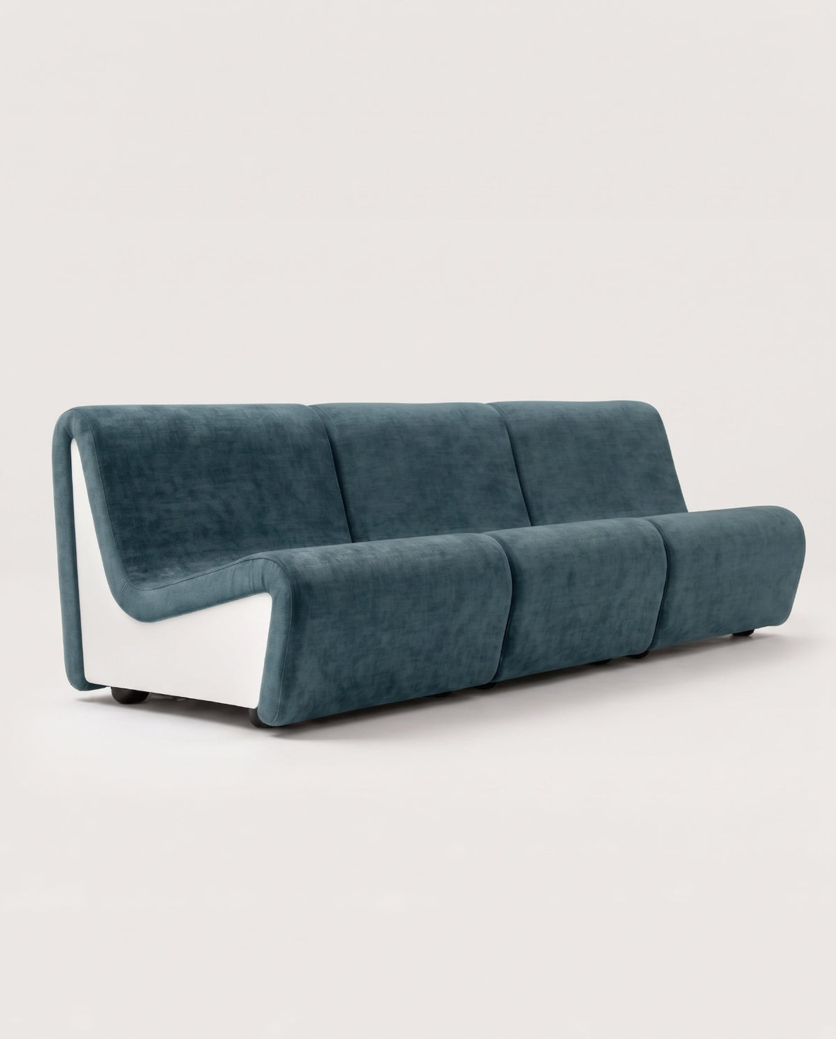 Dialogue 3-seat sofa in petrol blue fabric and white lacquered wood side panels