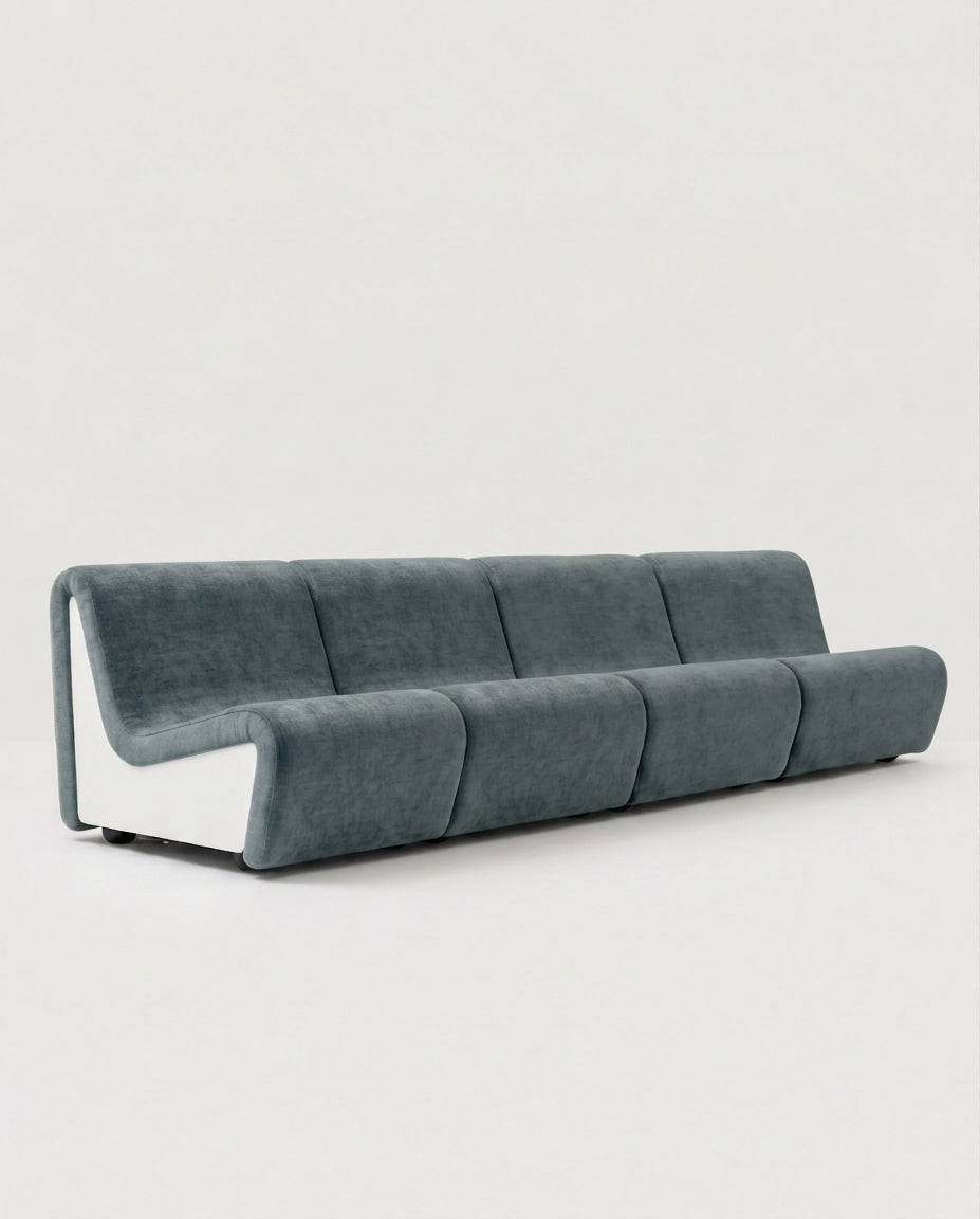 Dialogue 4-seat sofa in light blue fabric and white lacquered wood side panels
