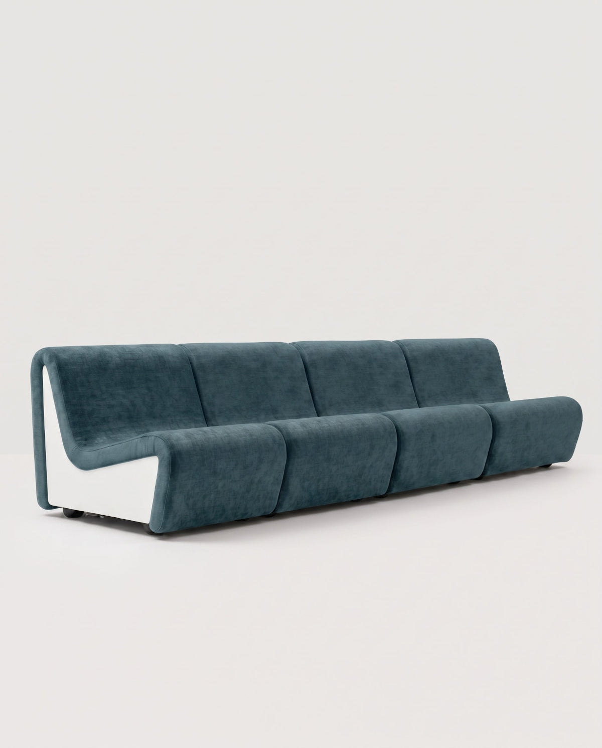Dialogue 4-seat sofa in petrol blue fabric and white lacquered wood side panels