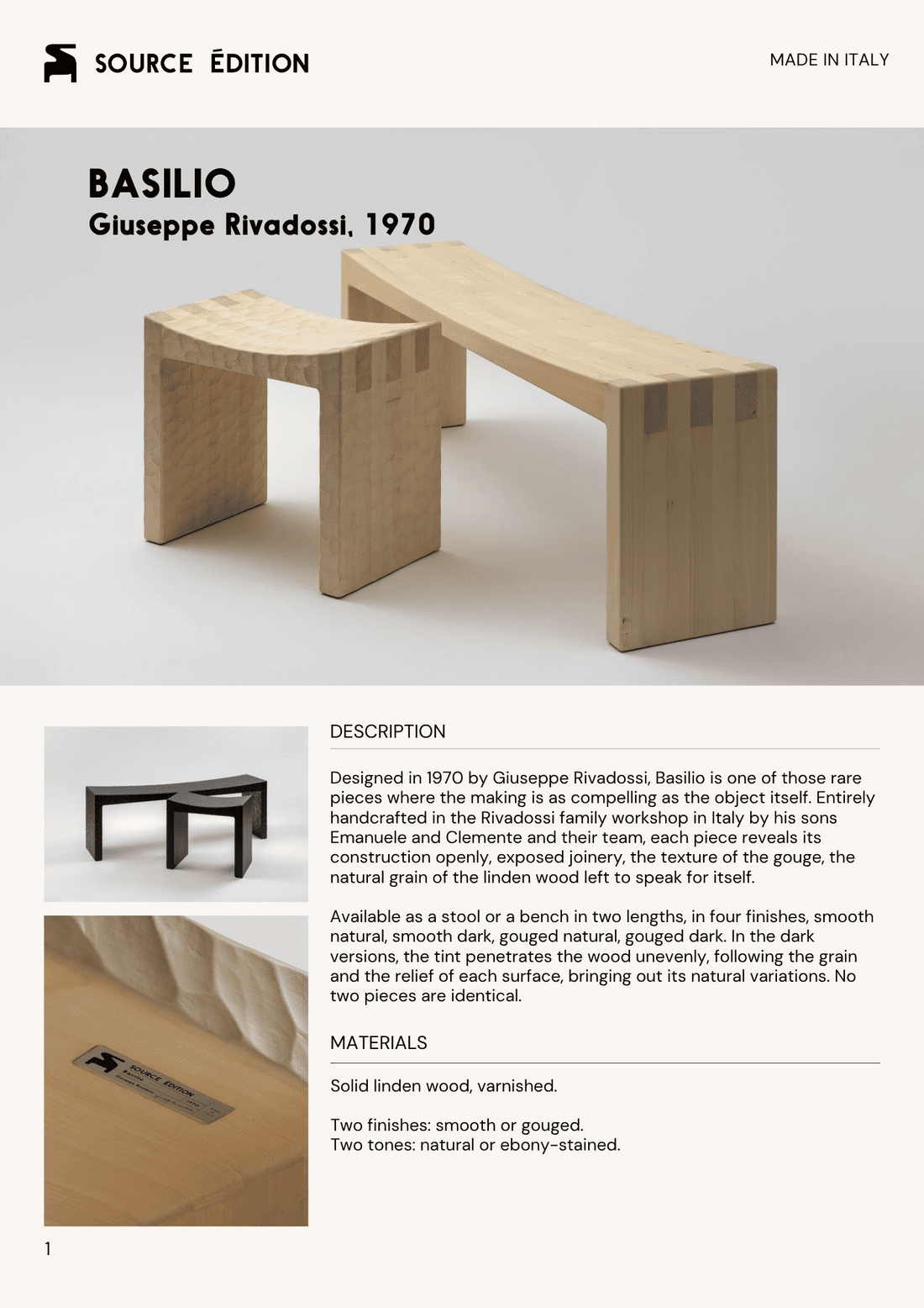 Datasheet, description and material details of Basilio solid linden wood bench and stool by Giuseppe Rivadossi, 1970
