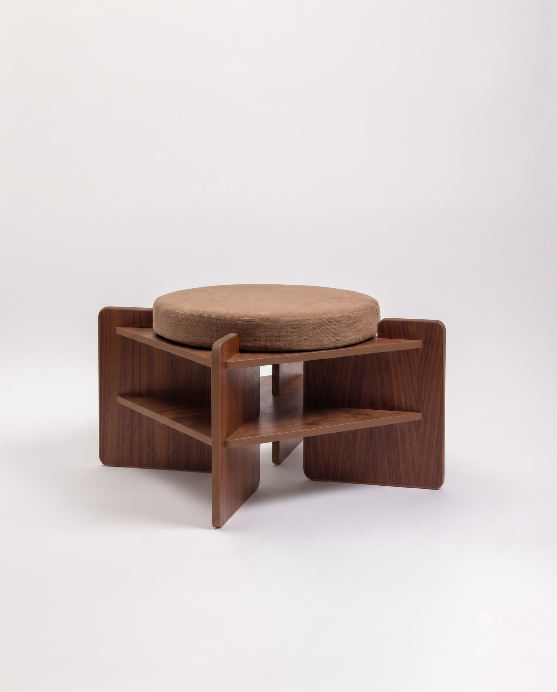 TU-TU side table, walnut veneer, topped with a Hazelnut brown seat cushion, to use as a pouf, front view