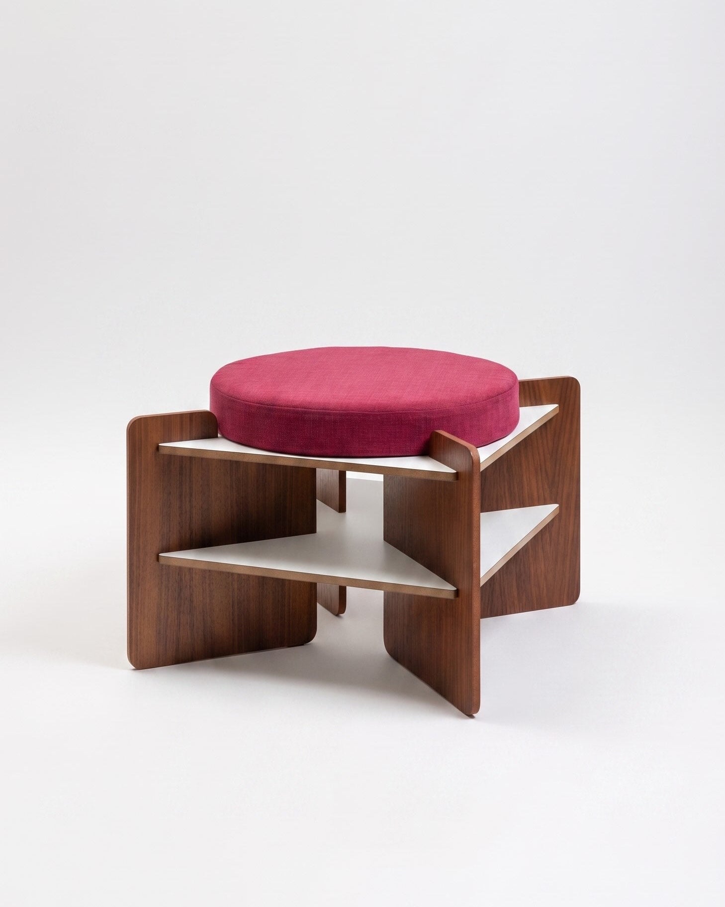 TU-TU side table in white laminate topped with a Burgundy seat cushion, to use as a pouf