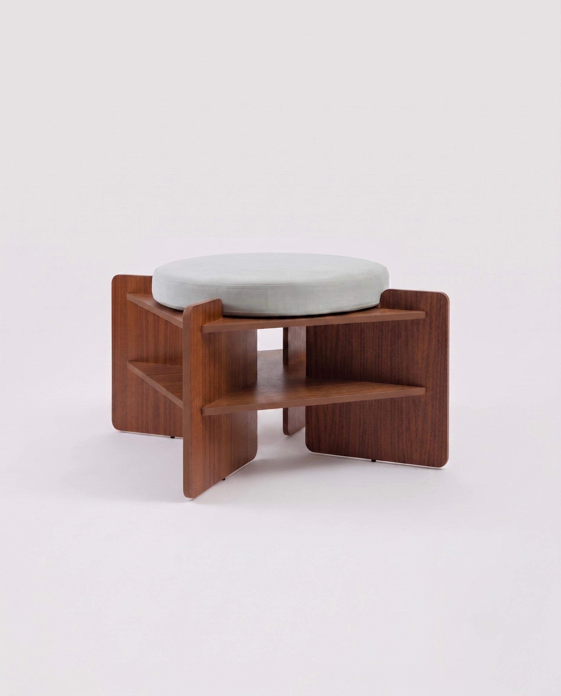 TU-TU side table, walnut veneer, topped with an Arctic Blue seat cushion, to use as a pouf, front view