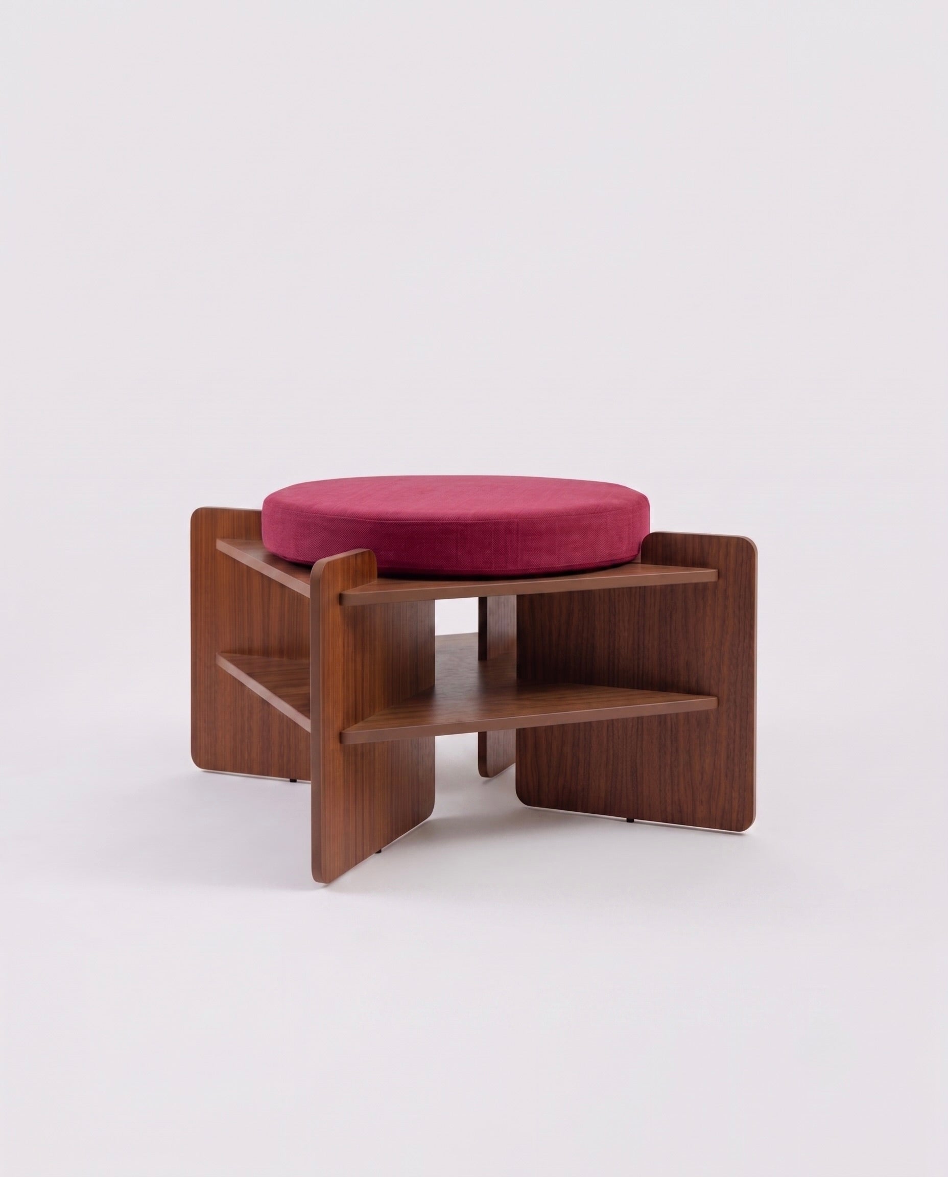 TU-TU side table, walnut veneer, topped with a Burgundy seat cushion, to use as a pouf, front view