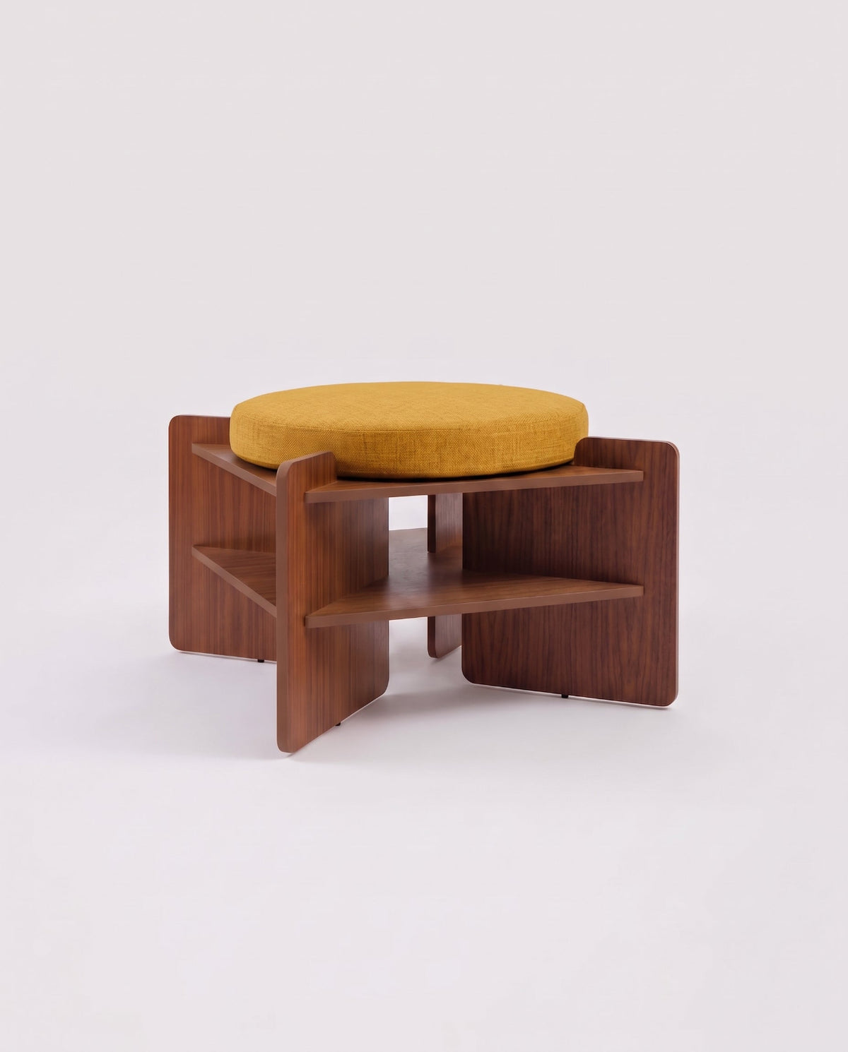 TU-TU side table, walnut veneer, topped with a yellow seat cushion, to use as a pouf, front view
