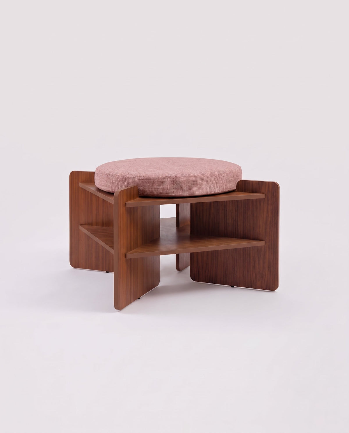 TU-TU side table, walnut veneer, topped with a pink seat cushion, to use as a pouf, front view