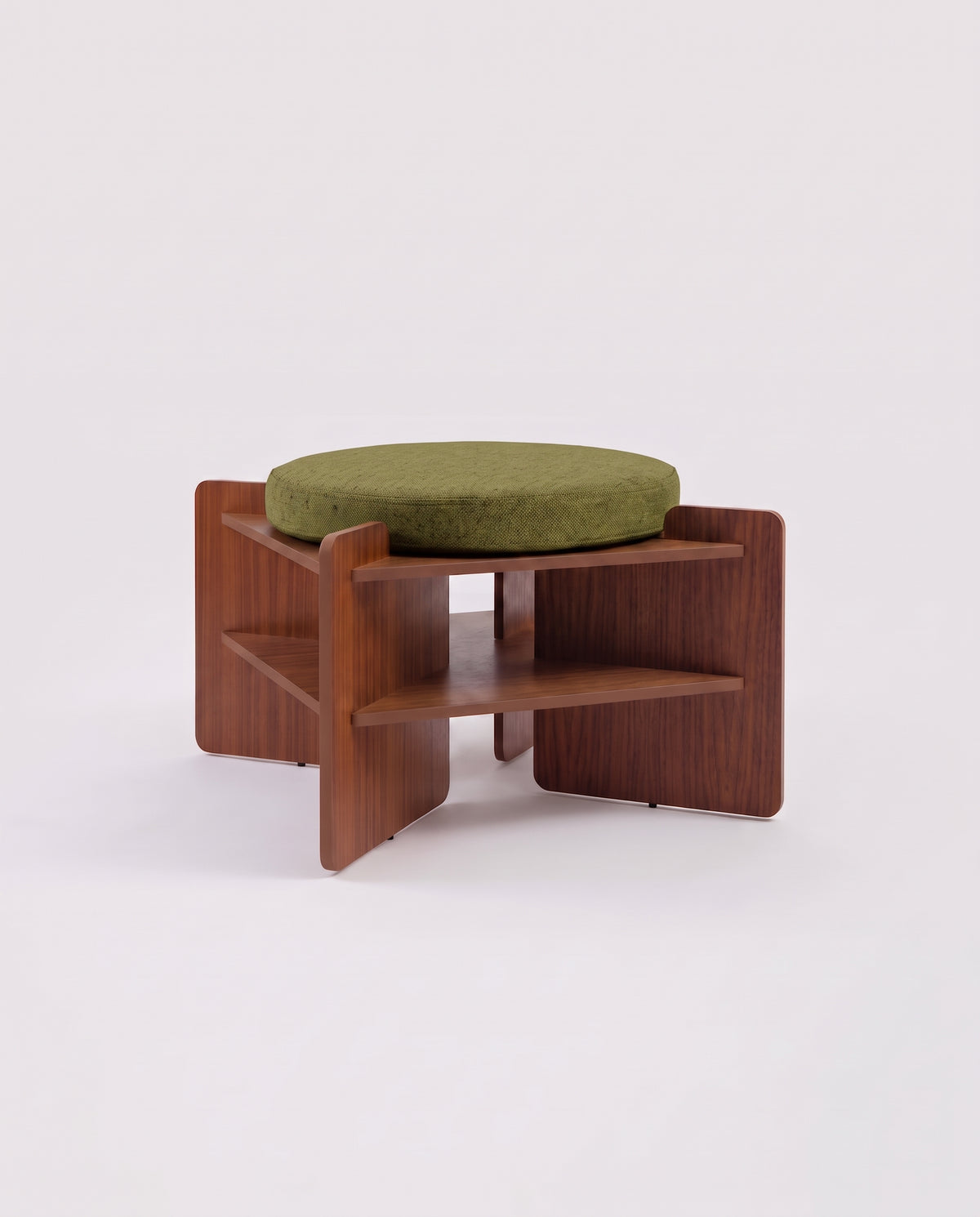 TU-TU side table, walnut veneer, topped with a green seat cushion, to use as a pouf, front view