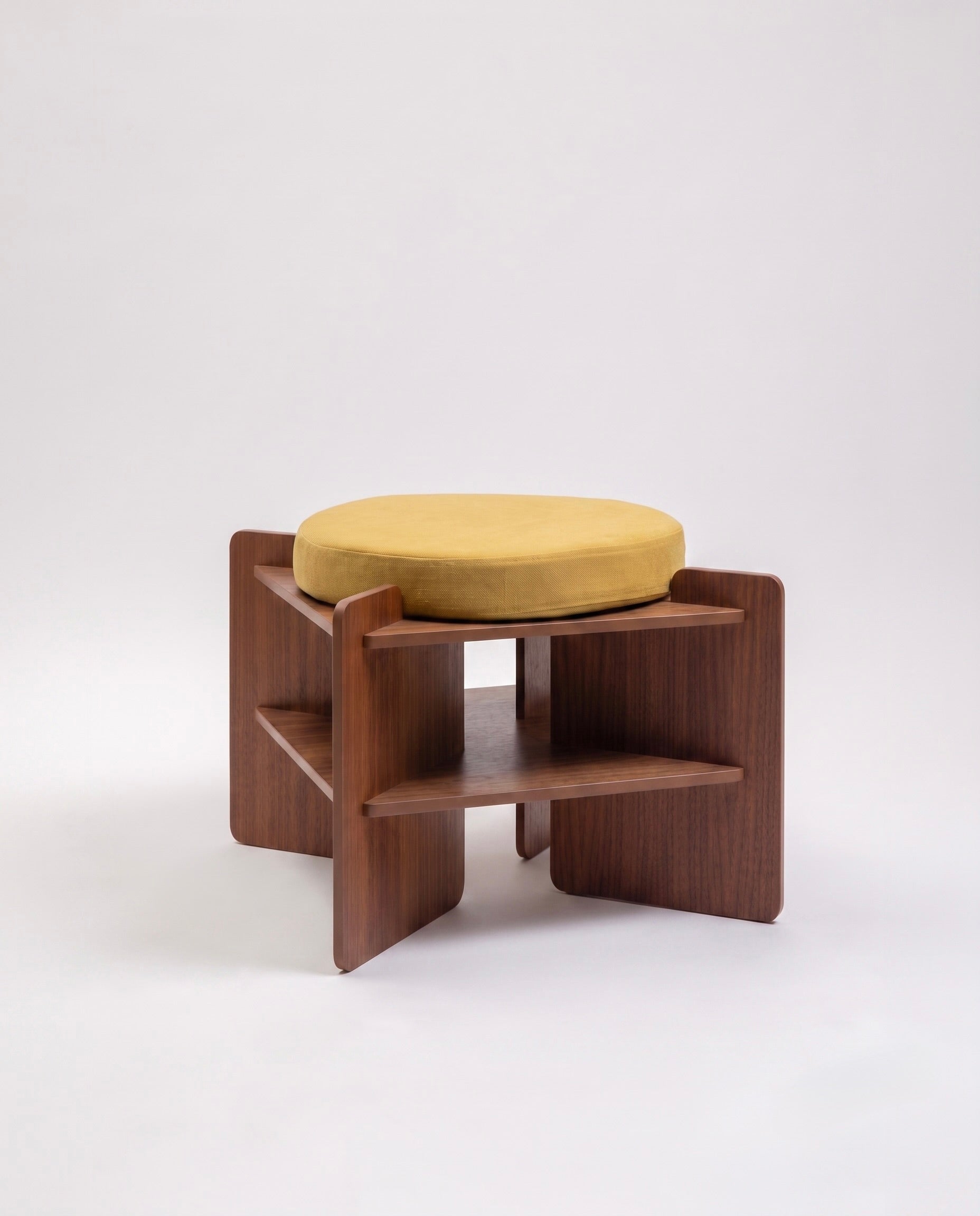 TU-TU side table, walnut veneer, topped with a Curry yellow seat cushion, to use as a pouf, front view