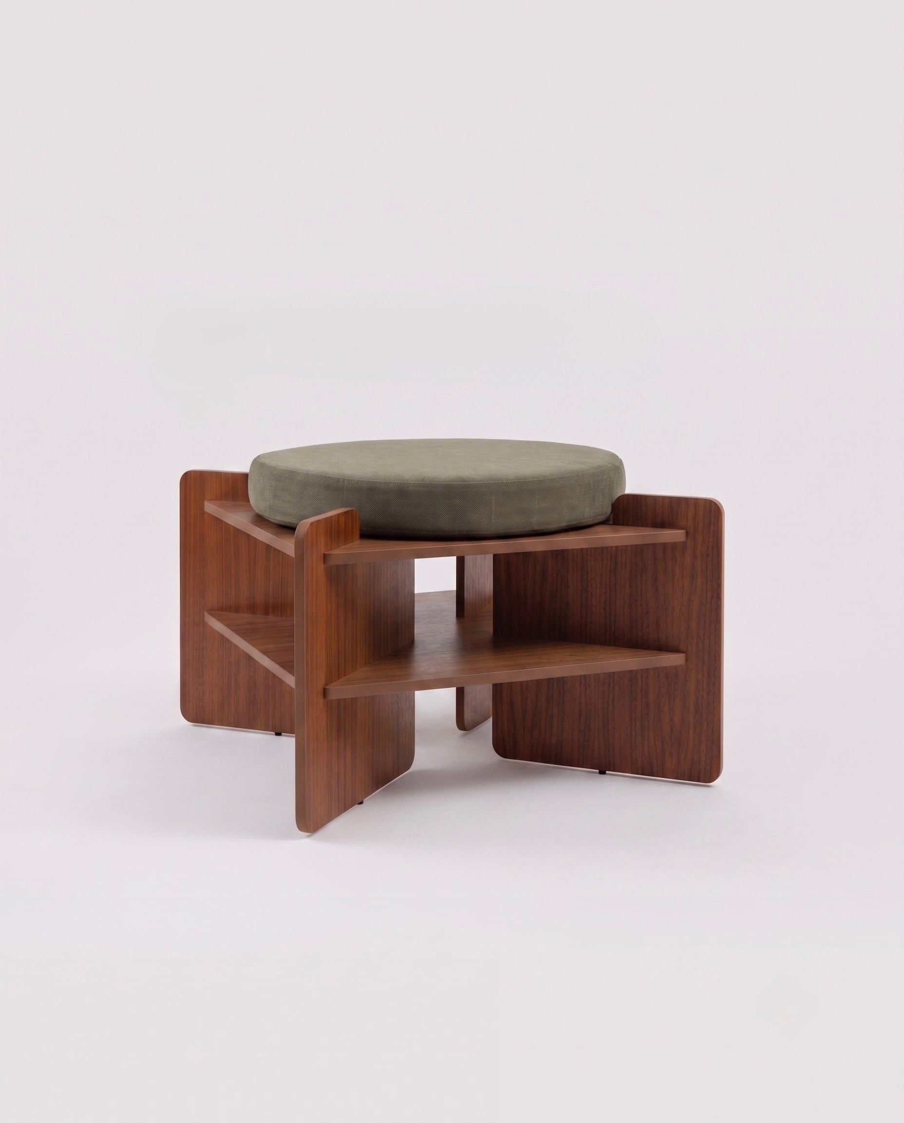 TU-TU side table, walnut veneer, topped with a Moss green seat cushion, to use as a pouf, front view